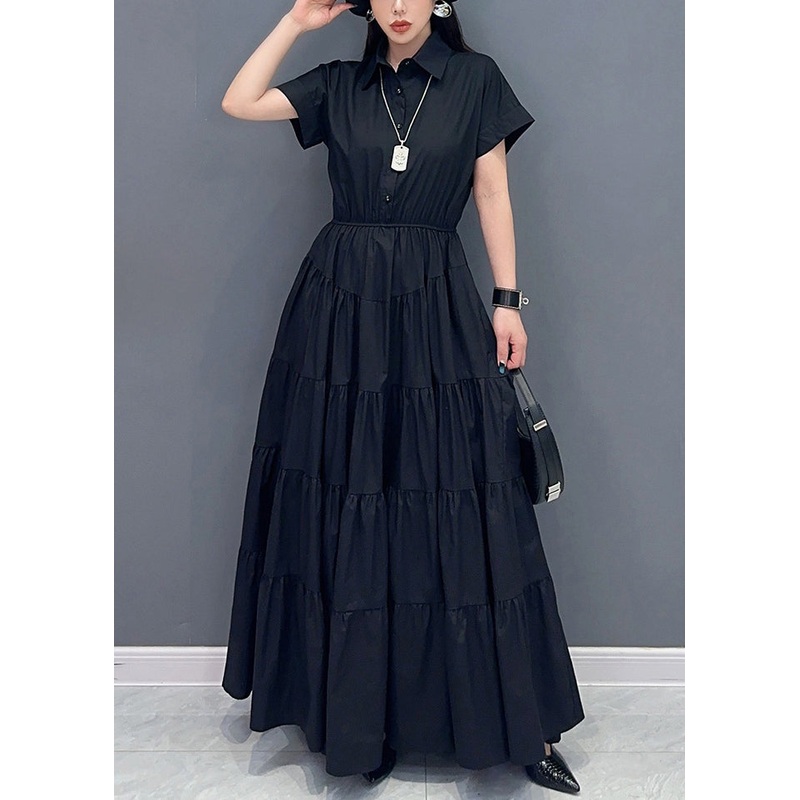 Black Button Cotton Maxi Dress Peter Pan Collar Short Sleeve