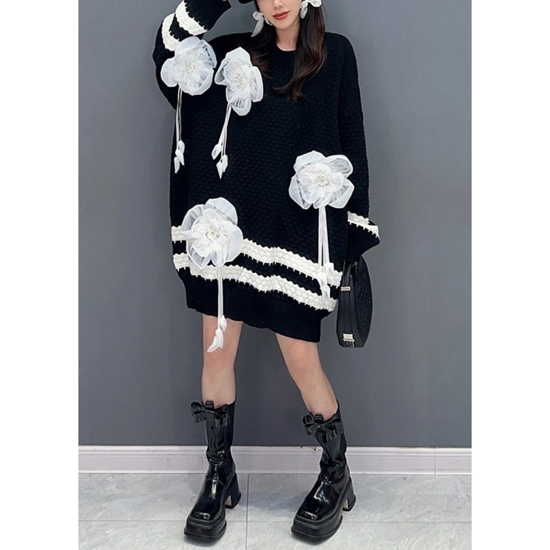 Black Cozy Patchwork Cotton Knit Sweaters O Neck Spring