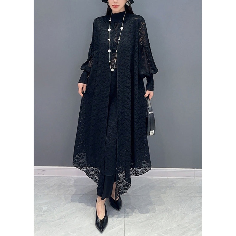 Black Knit Patchwork Lace Long Dress Asymmetrical Long Sleeve