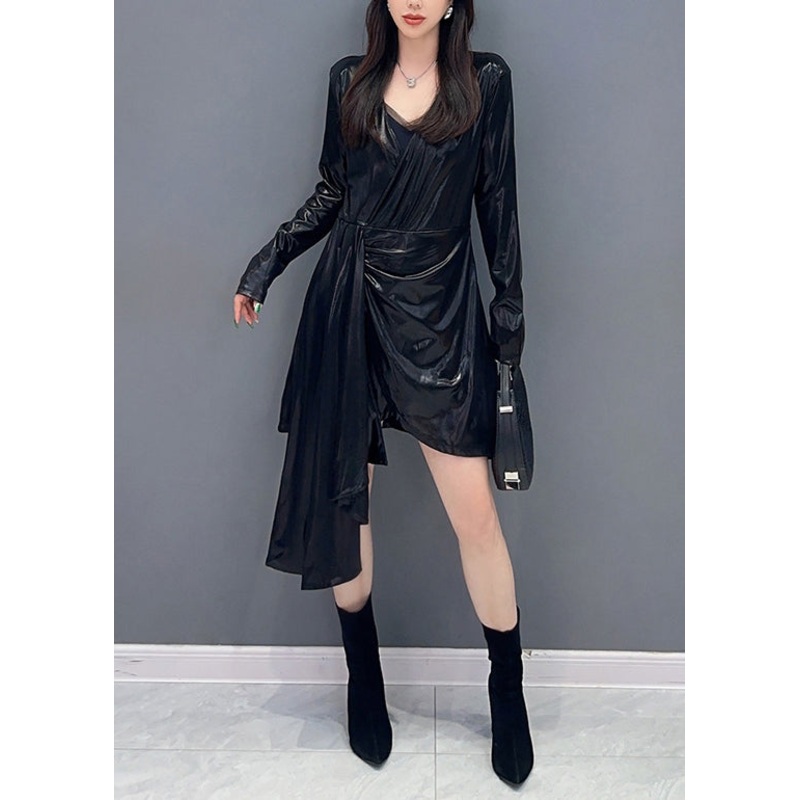 Black Solid Wrinkled Cotton Mid Dress V Neck Spring