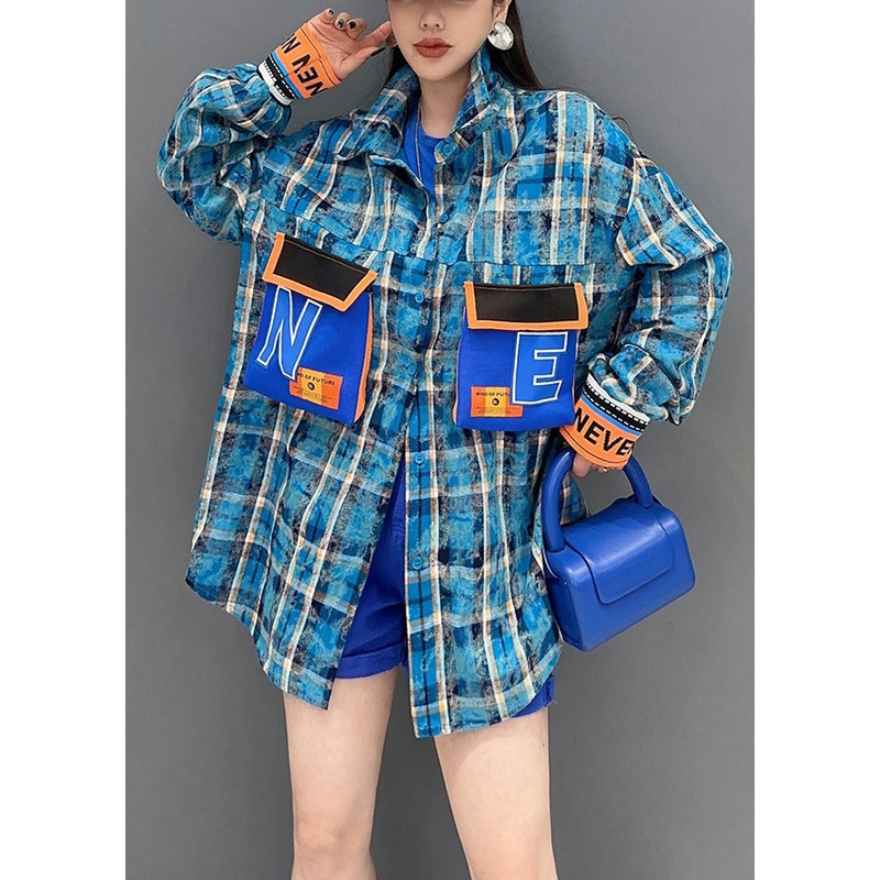 Chic Blue Plaid Button Patchwork Cotton Blouses Long Sleeve