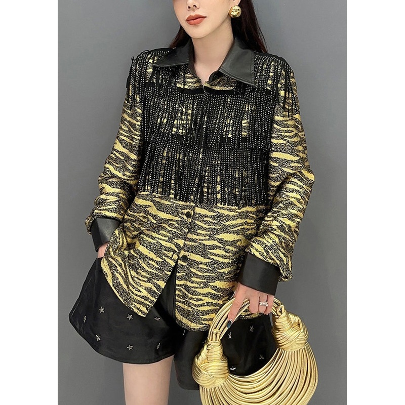 Chic Yellow Tasseled Faux Leather Patchwork Blouse Spring