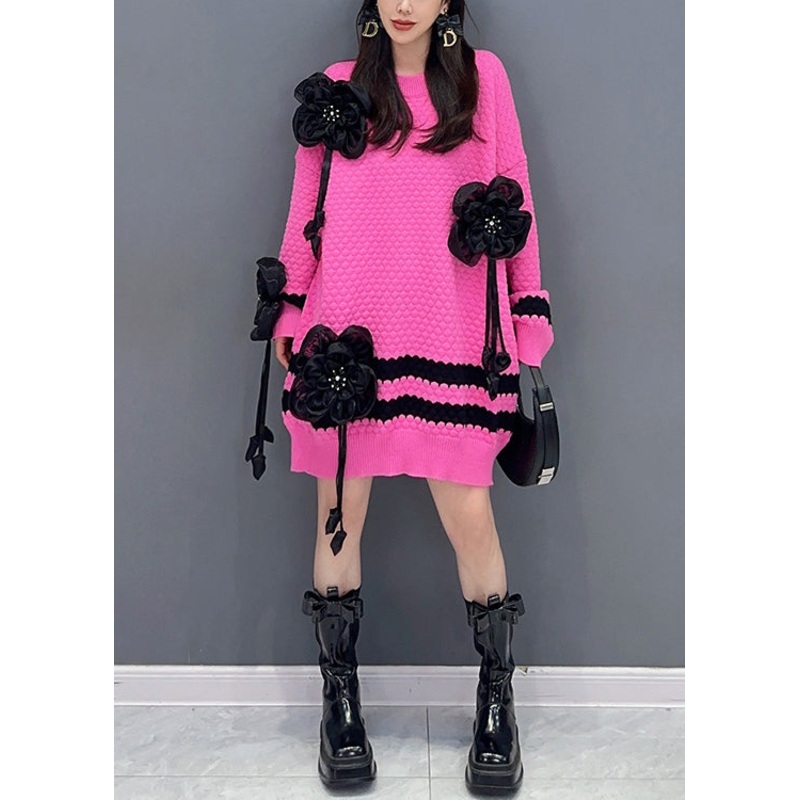 Floral Rose O Neck Patchwork Cotton Knit Sweaters Long Sleeve