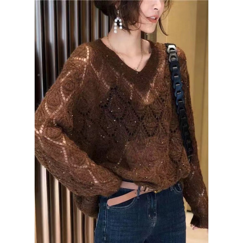 French Coffee V Neck Hollow Out Thin Knitted Tops Spring