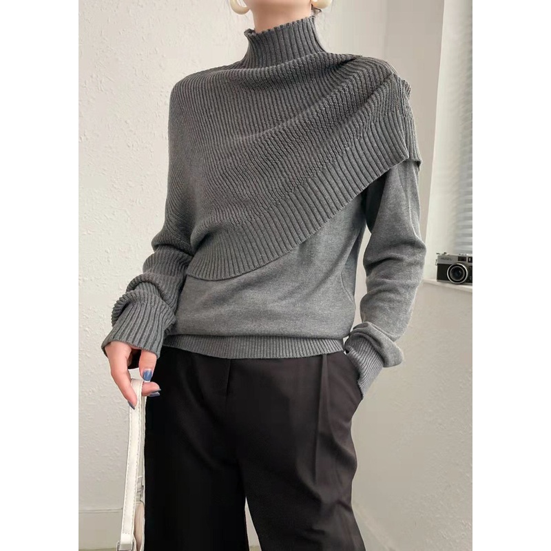 French Dark Grey Hign Neck False Two Pieces Woolen Knit Sweaters Spring