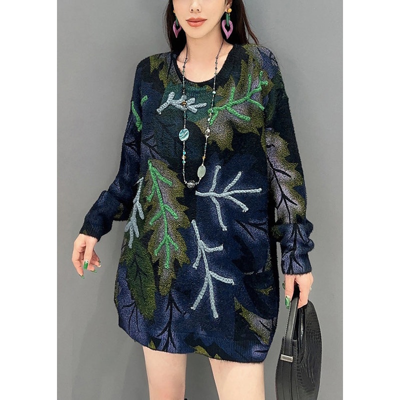 French Navy O-Neck Print Knit Sweaters Long Sleeve