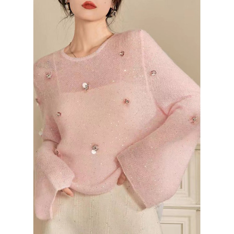 French Pink O Neck Zircon Sequins Thin Knit Top Spring