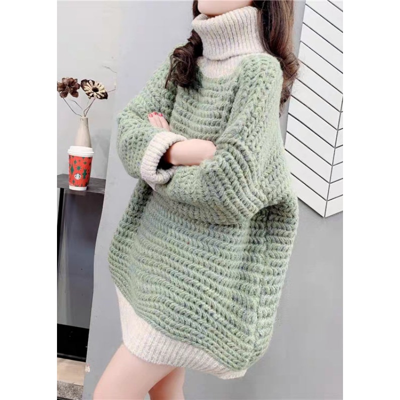 Modern Green Hign Neck Thick Patchwork Knit Sweaters Spring