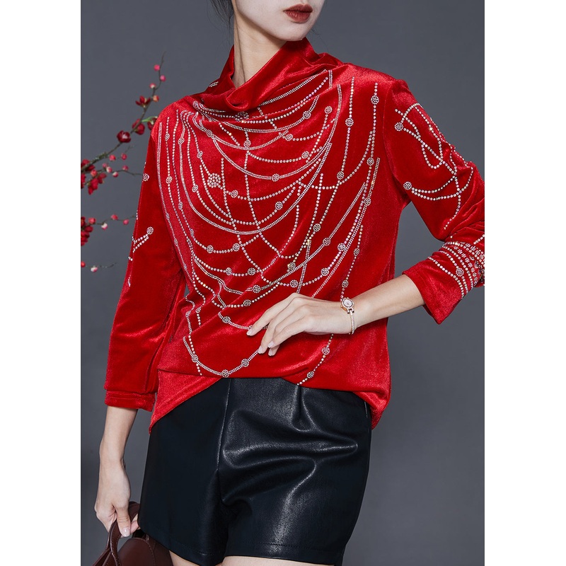 Red Silm Fit Silk Velour Top Turtle Neck Zircon Spring