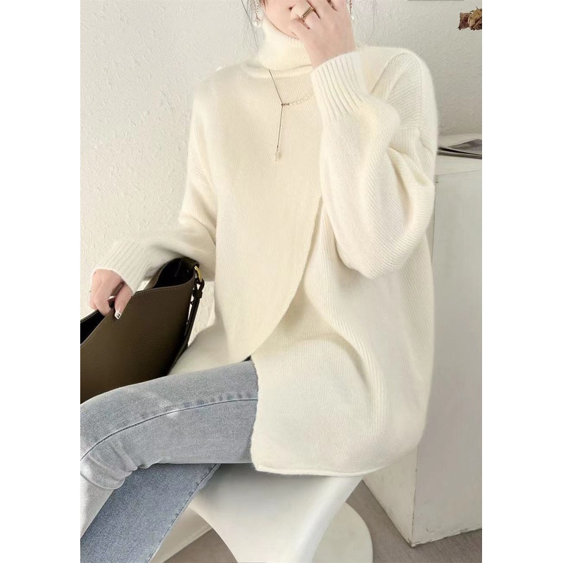 Simple White Hign Neck Asymmetrical Patchwork Woolen Knit Pullover Spring