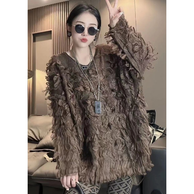 Stylish Coffee V Neck Tasseled Patchwork Knit Sweaters Long Sleeve