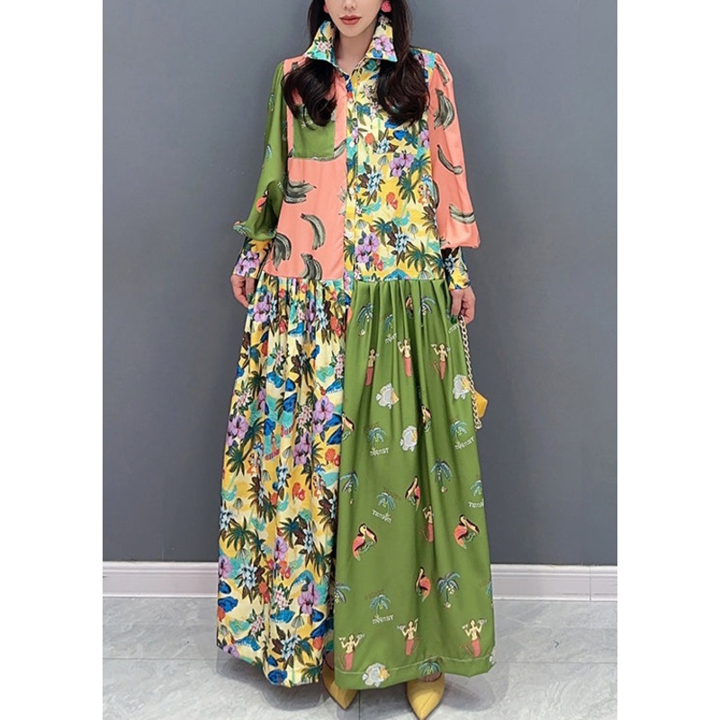 Stylish Colorblock Peter Pan Collar Print Cotton Shirts Dress Spring