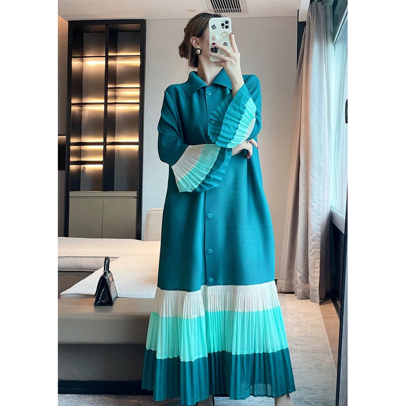 Unique Blue Wrinkled Button Patchwork Cotton Dress Petal Sleeve