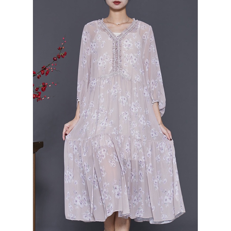 Unique Pink Ruffled Print Chiffon Maxi Dresses Bracelet Sleeve