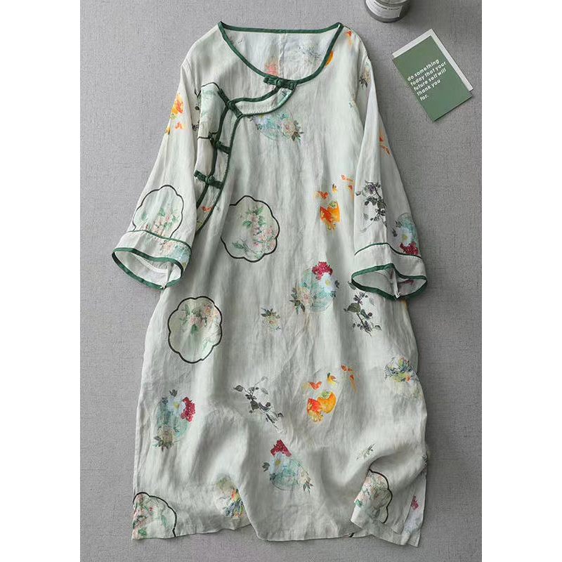 Vintage Green O Neck Print Chinese Button Cotton Dress Spring