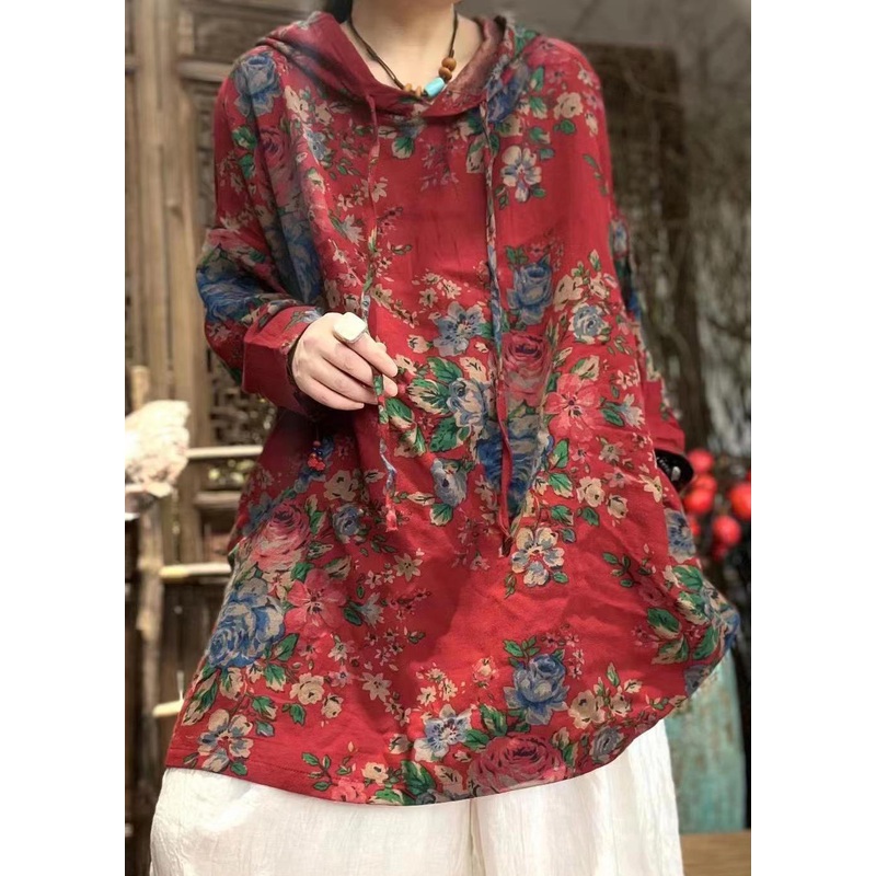Vintage Plus Size Red Hooded Print Linen Tops Spring