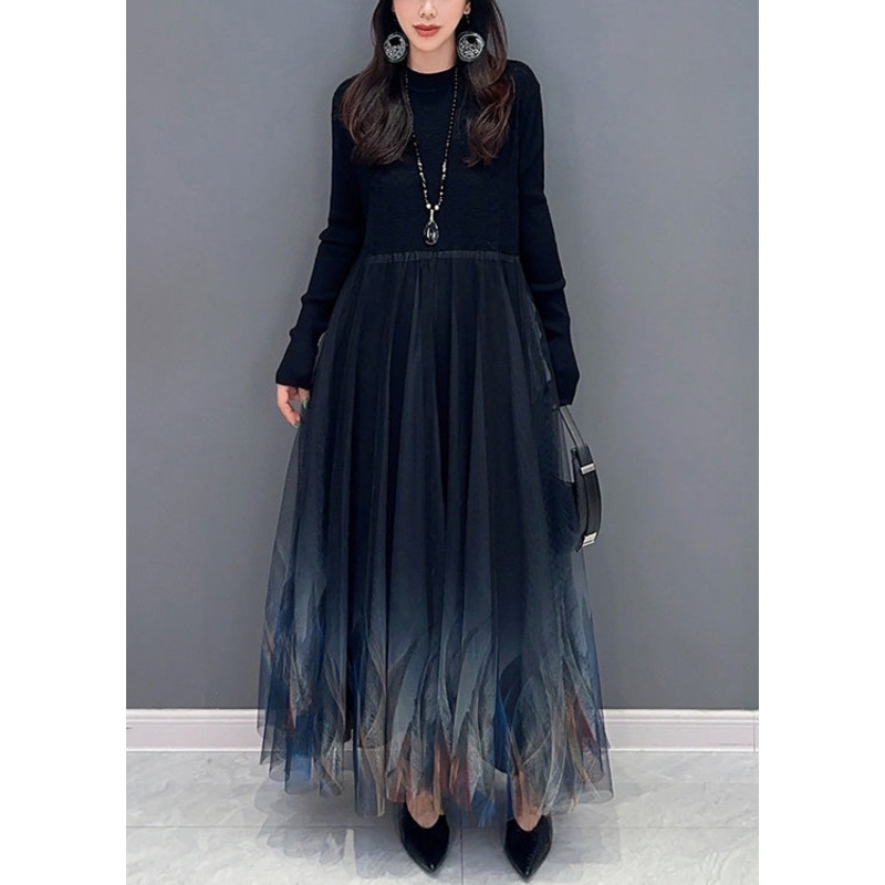 Women Black Knit Patchwork Tulle Dress Long Sleeve