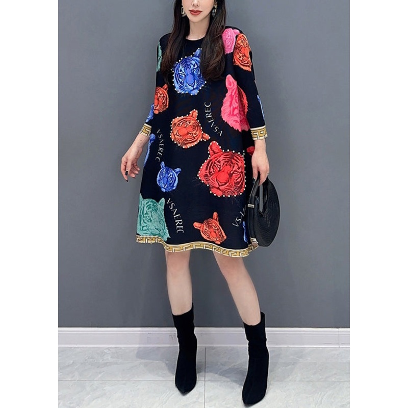 Women Black O Neck Print Cotton Mid Dress Spring