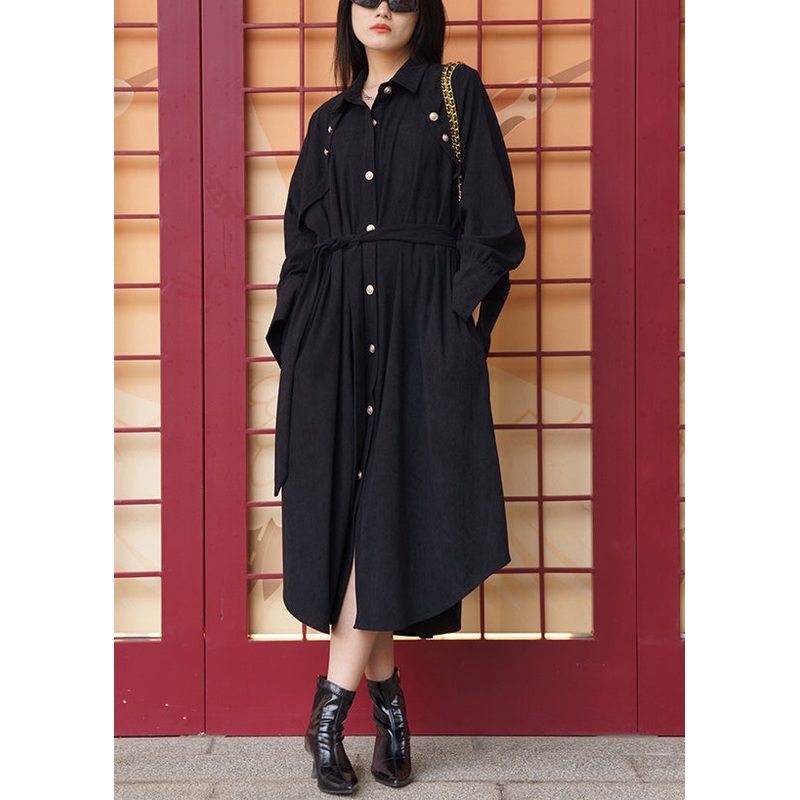 Women Black Pockets Tie Waist Cotton Shirt Dress Long Sleeve