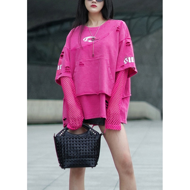 Women Rose O Neck Hole Patchwork Cotton T Shirt Spring
