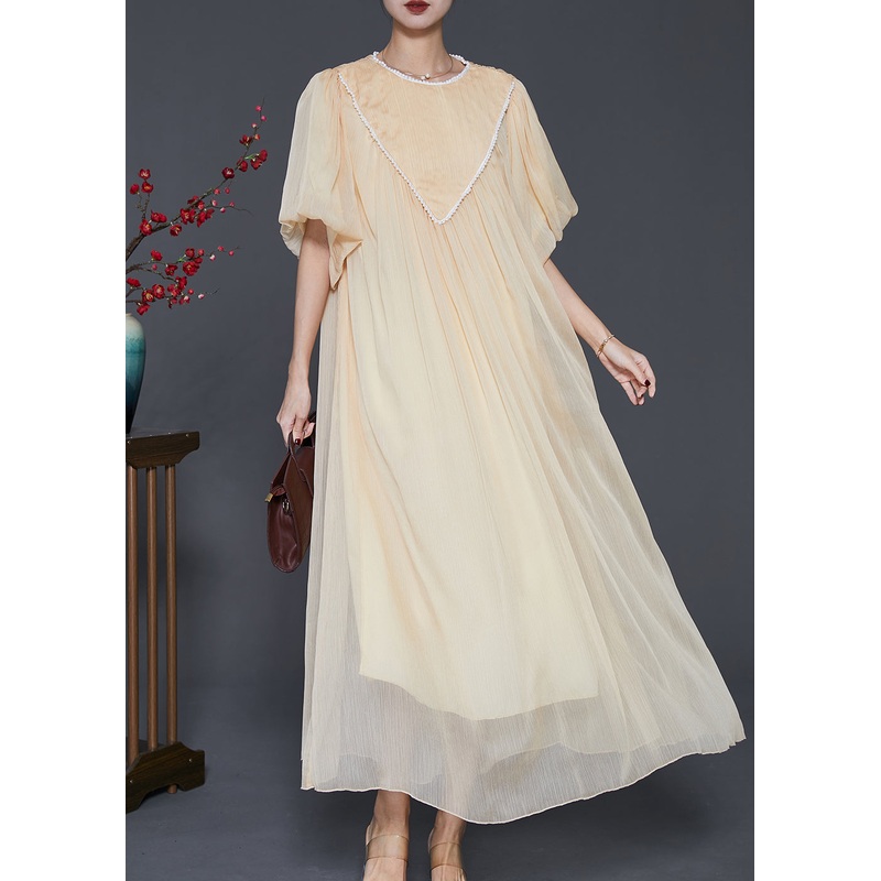 Art Light Yellow Exra Large Hem Nail Bead Chiffon Robe Dresses Summer