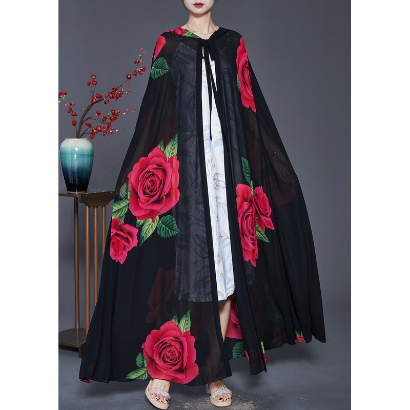 Beautiful Black Hooded Floral Print Chiffon Cardigan Spring