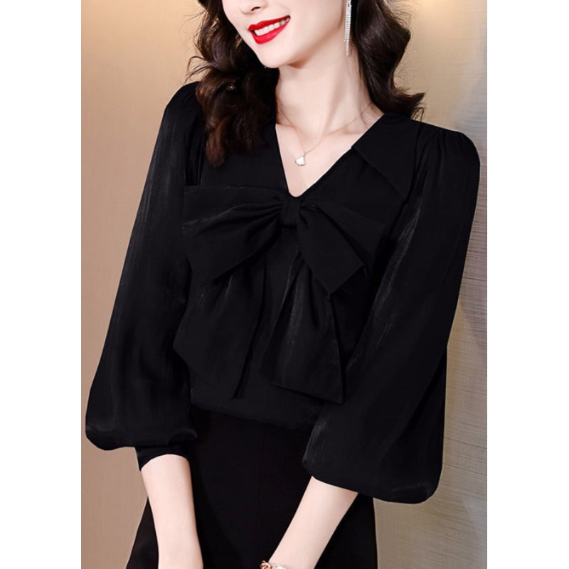 Black Bow Silk Blouses V Neck Long Sleeve