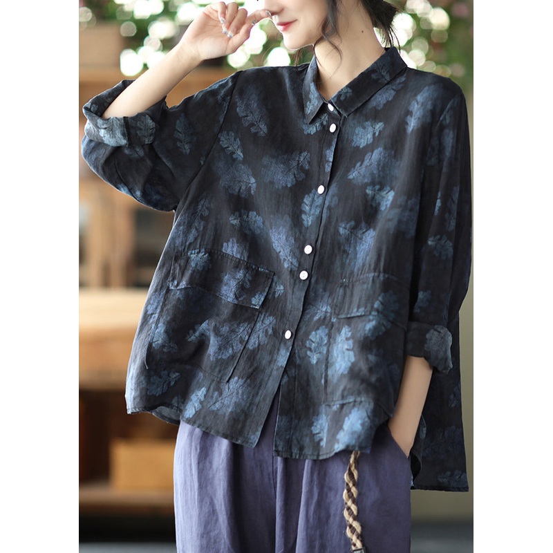 Black Pockets Linen Shirt Peter Pan Collar Spring