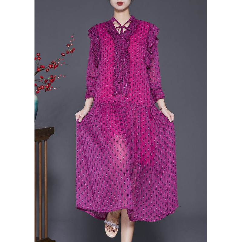 Bohemian Pitaya Print Ruffled Chiffon Dress Spring