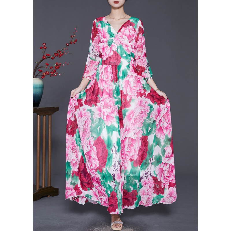 Bohemian Red Floral Exra Large Hem Chiffon Ankle Dress Flare Sleeve