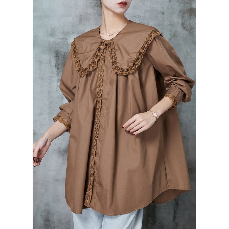Casual Coffee Peter Pan Collar Patchwork Lace Cotton Shirts Spring