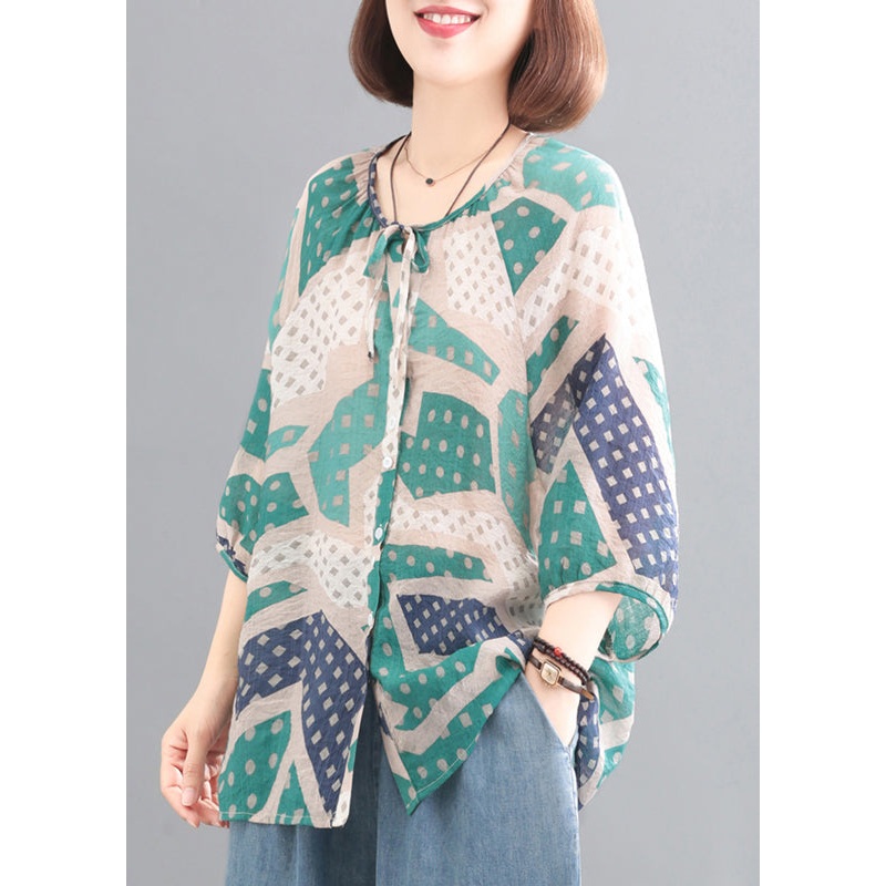 Casual Green Print Button Shirt Bracelet Sleeve