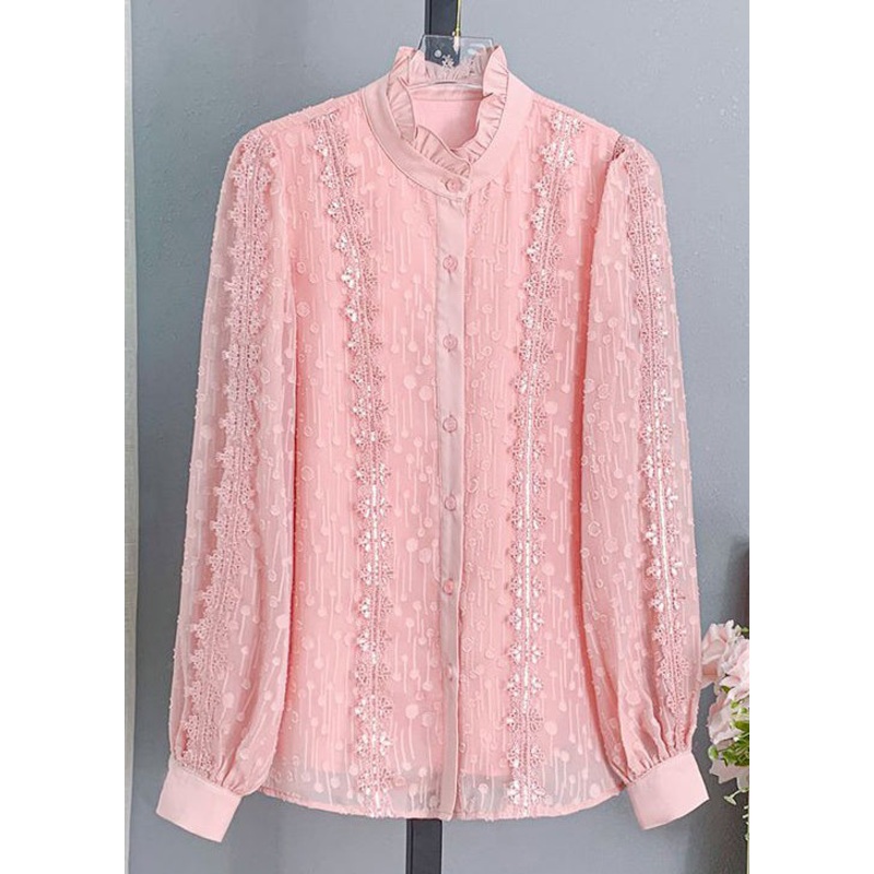 Chic Pink Ruffled Button Lace Shirt Long Sleeve