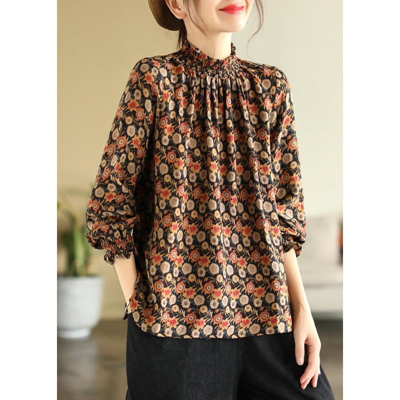 Chinese Style Black Turtleneck Print Shirts Long Sleeve