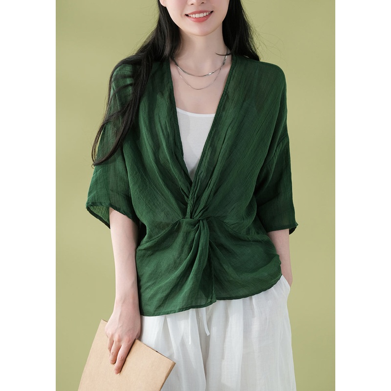 Classy Blackish Green V Neck Linen Top Bracelet Sleeve