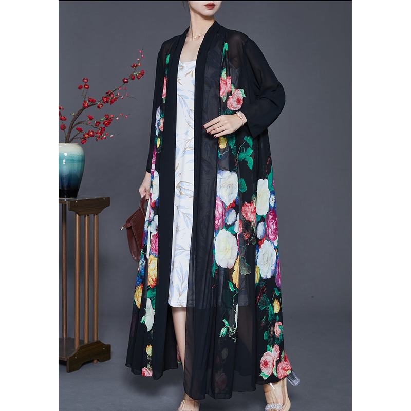 Fine Black Oversized Print Chiffon UPF 50+ Coat Cardigan Spring