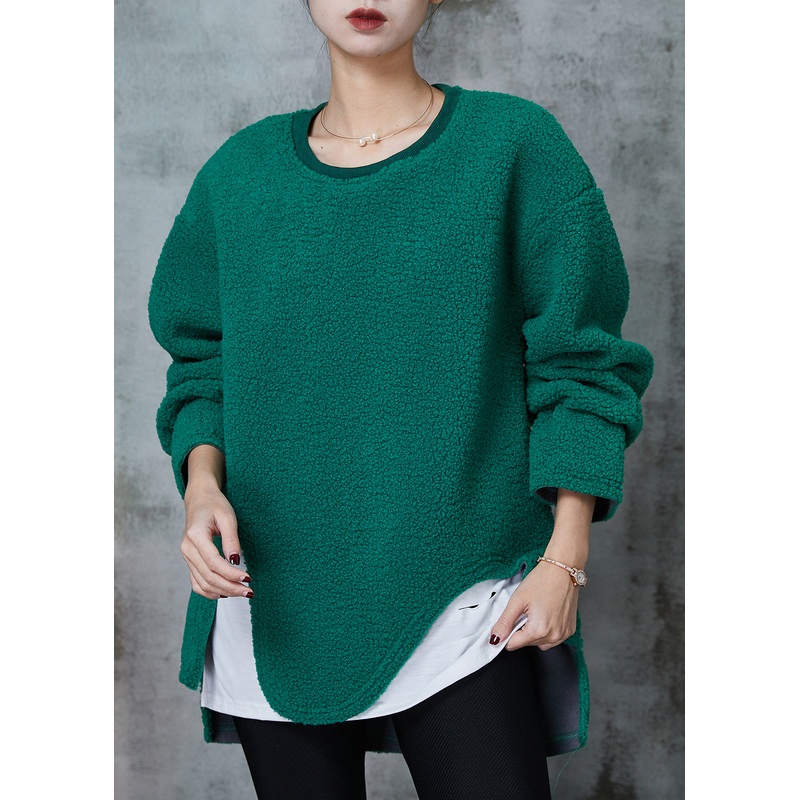 Fine Green Asymmetrical Patchwork Faux Fur Loose Sweatshirt Spring
