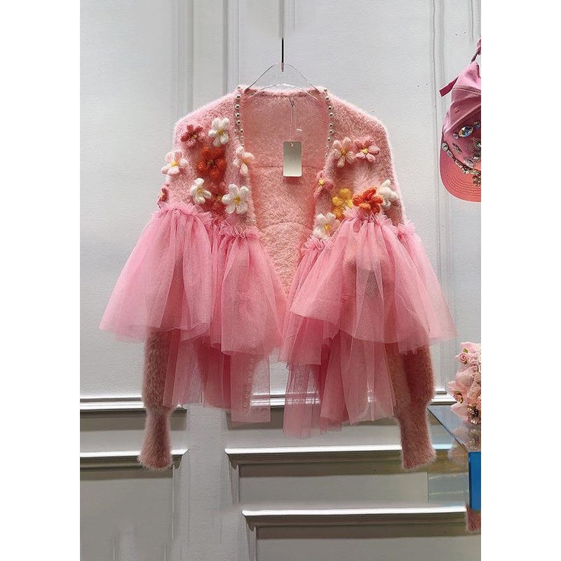 Floral Pink Nail Bead Tulle Patchwork Knit Cardigans Spring