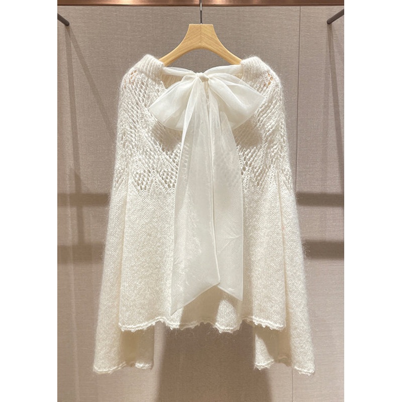 Loose Beige Lace Up Hollow Out Knit Tops Long Sleeve