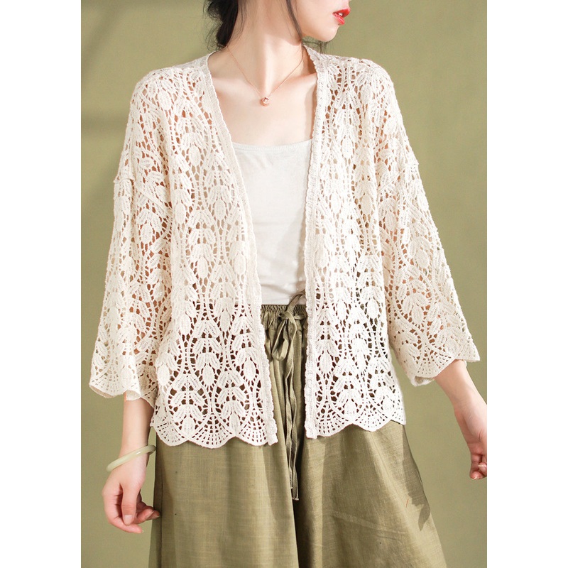 Loose White V Neck Hollow Out Knit Cardigan Summer