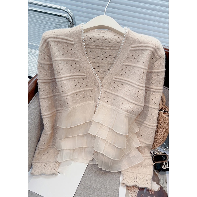 New Light Khaki Ruffled Pearl Patchwork Knit Cardigan Spring
