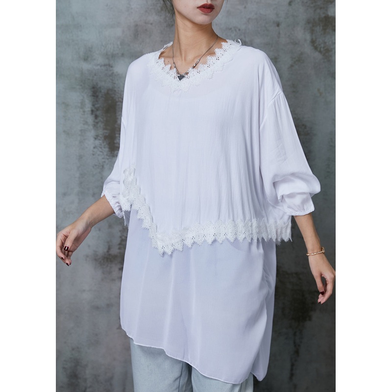 Organic White Asymmetrical Patchwork Lace Cotton Shirt Top Spring