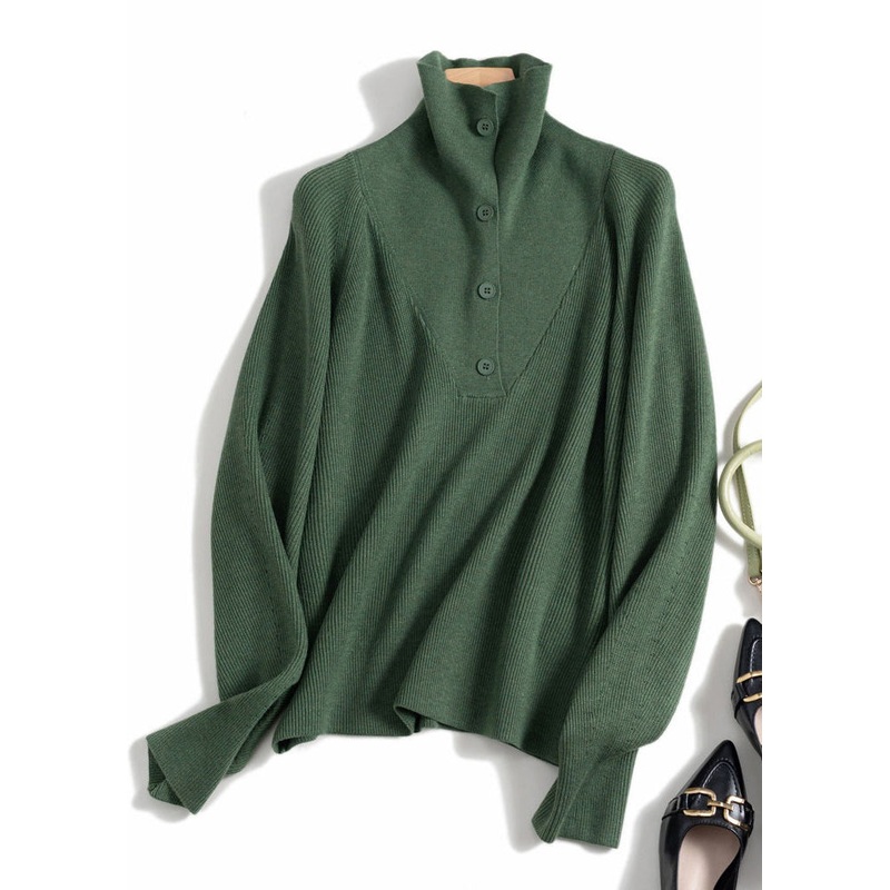 Simple Green Solid Button Wool Knit Top Spring