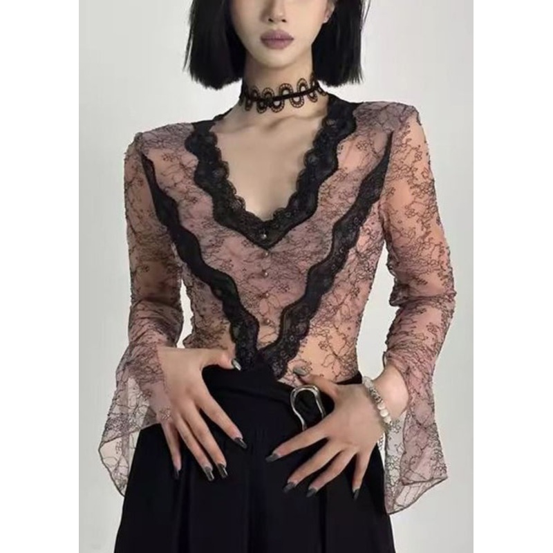 Slim Fit Pink V Neck Hollow Out Lace Top Long Sleeve