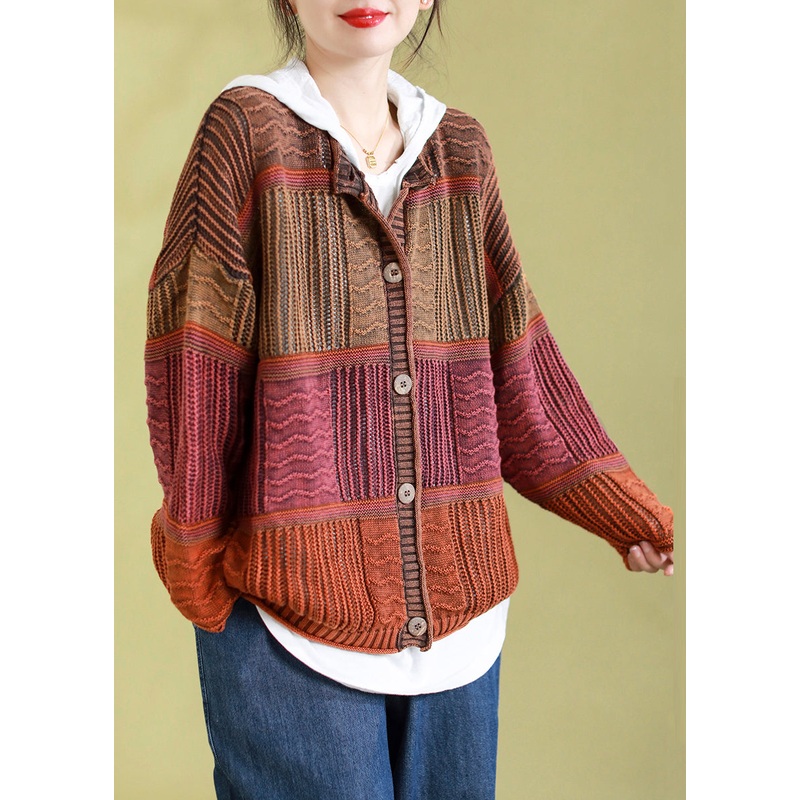 Vintage Orange O-Neck Striped Patchwork Button Cotton Knit Cardigan Spring