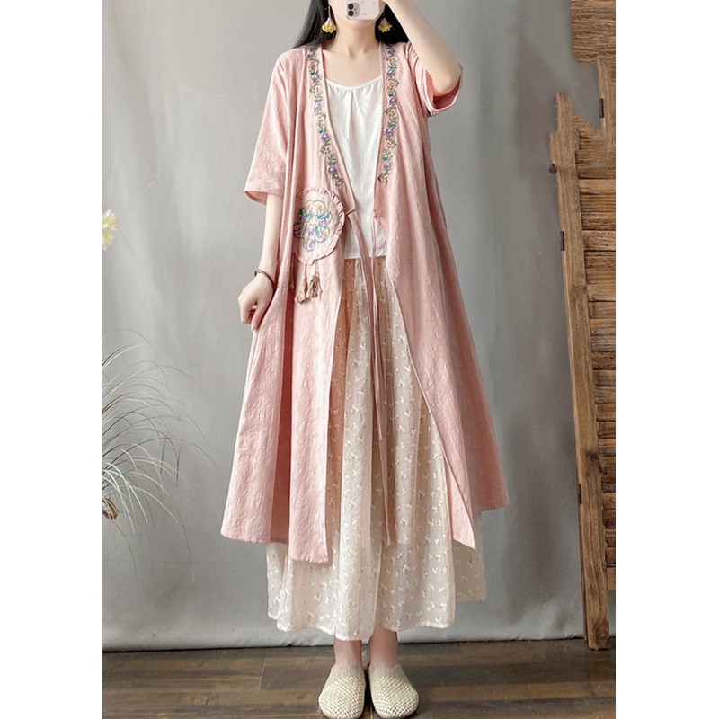 Vintage Pink Embroidered Tassel Long Cardigans Summer