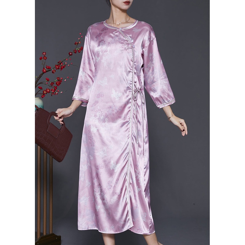 Vintage Purple Jacquard Oriental Silk Maxi Dresses Bracelet Sleeve