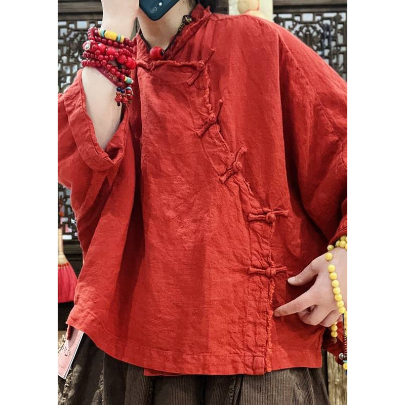 Vintage Red Solid Button Linen Tops Batwing Sleeve