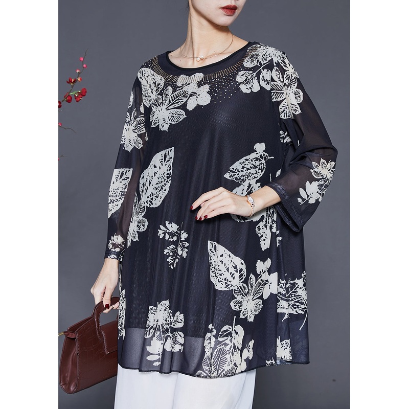 Women Black Oversized Print Silk Shirts Spring