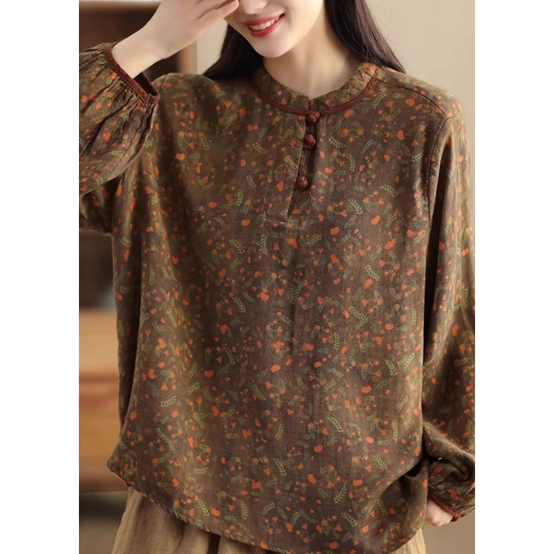 Women Green Patchwork Button Linen Shirts Long Sleeve